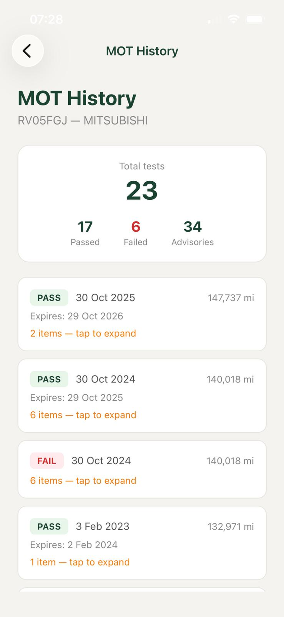 Car Timeline MOT history screenshot